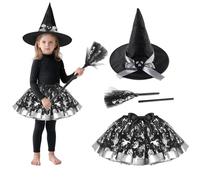 Costume da strega per bambini, 3 pezzi, costume da strega di Halloween per bambini, con abito in tulle nero argento, scopa da strega per bambini, cappello da strega per Halloween, cosplay (argento)