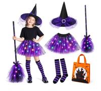 Costume da strega per bambini, costume da strega luminoso per bambini, tutù | Costume da strega da bambina con cappello, scopa e calzini, costume da strega per Halloween, carnevale, cosplay