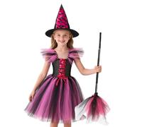 Costume da Strega per Bambini Halloween Vestito da Vampiro Costumi Ragazze Viola Abito in Tulle Cappello Manico di Scopa Festa in Maschera Vestire Dress Up Cosplay (Rosso Rosa, 140 (9-11 anni))