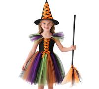 Costume da Strega per Bambini Halloween Vestito da Vampiro Costumi Ragazze Viola Abito in Tulle Cappello Manico di Scopa Festa in Maschera Vestire Dress Up Cosplay (Arancione, 130 (7-9 anni))