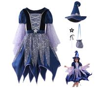 Costume da strega per bambini, per Halloween, con cappello da strega, bacchetta magica e borsa, set da strega da strega con stella glitterata, tulle morbido, a maniche lunghe, per carnevale, giochi di