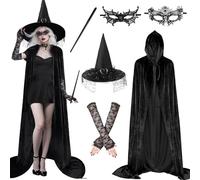 Costume da strega per donna Halloween, mantello da con cappuccio, cappello da strega, bacchetta magica, maschera di pizzo, guanti lunghi, costume da Halloween per donna per cosplay e mascherate