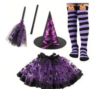 Costume da strega per festa di Ognissanti, abito in rete viola con cappello da strega e pipistrello Poliestere