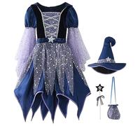 Costume da strega per ragazze, abito da stregone malvagio con cappello, bacchetta di magie e borsa per caramelle per decorazioni per feste di Halloween, 110 cm, abito elegante