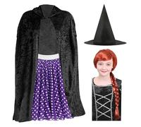 Costume da strega per ragazze, mantello nero, gonna a pois viola, parrucca rossa a treccia, cappello da strega a punta, costume per Halloween per bambini