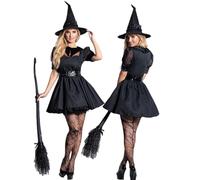 Costume da Strega Seducente, Donna, Colore: Nero,Abito Longuette a Maniche con Lanterna in Pizzo retrò Gotico Scavato o Collo Nero Puro Temperamento Stile Elegante