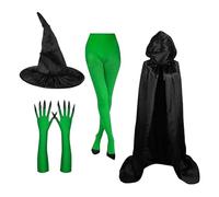 Costume da streghe: cappello nero con guanti a artigli verdi, spettrale di Halloween, carnevale travestito, kit festa cosplay, festival gotico giocando accessorio, film magico Hal