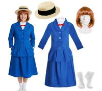 Costume da studentessa parigina da donna, giacca blu e gonna abbinata, cappello di paglia, calzini e parrucca, per la Giornata mondiale del libro e il classico personaggio del libro di fiabe, costume