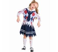 Costume da studentessa zombie per bambini, con gonna insanguinata, set per Halloween, cosplay, gioco di ruolo, feste (blu, 8-10 anni)