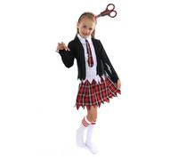 Costume da studentessa zombie per bambini, taglia L, uniforme scolastica nera e scozzese macchiata di sangue e forbici su fascia, costume per Halloween per bambine e ragazze