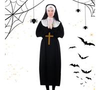 Costume Da Suora Donna,Collana con Pendente Croce e Copricapo Completo - Set Copricapo da Religiosa - per Donne Adulti Halloween Feste Religiose Carnevale e Cosplay