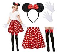 Costume da Topo Per Donna Con Fascia Per Capelli In Paillettes Bianche a Pois + Gonna a Pieghe + Calze Sopra Il Ginocchio + Guanti Per Feste In Maschera, Costumi In Maschera, Feste di Carnevale (XL)