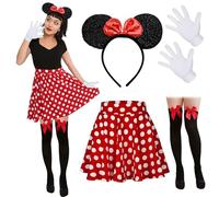 Costume da Topo Per Donna Con Fascia Per Capelli In Paillettes Bianche a Pois + Gonna a Pieghe + Calze Sopra Il Ginocchio + Guanti Per Feste In Maschera, Costumi In Maschera, Feste di Carnevale (S)