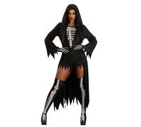 Costume da triste mietitore, da donna, con cappuccio, scheletrico, angelo della morte, per Halloween, camicia, guanti, calze, pagliaccetto, nero, Small