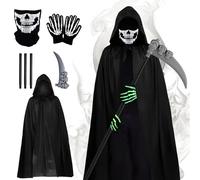 Costume da Triste Mietitore di Halloween a 4 Pezzi, Costume da Triste Mietitore con Maschera da Teschio, Falce, Guanti da Teschio, Mantello di Halloween, Decorazione di Halloween Cosplay (Bambini)…