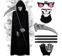 Costume da Triste Mietitore diHalloween, Grim Reaper Set, Halloween Mantello con Cappuccio con Guanti Scheletro, Maschera Teschio, Falce, Halloween Costume Adulto Cosplay Carnevale Feste Costumes