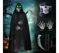 Costume da triste mietitore, per adulti, costume di Halloween da triste mietitore, set con falce mietitrice, guanti da scheletro, mantello da mietitore, maschera per Halloween, cosplay e feste a tema