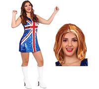 Costume da Union Jack Icona Pop Anni '90 - Costume da Gruppo per Ragazze Anni '90 - Vestito Union Jack con Paillettes + Parrucca allo Zenzero - Icone della Musica & Costume Brit Pop (Medio)
