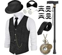 Costume da uomo anni 20 con gilet a righe e accessori, stampella pieghevole, tasca da barba, orologio da tasca, barba, cappello Fedora, occhiali, cravatta, per costume da mafia 1920S, gangster, Peaky