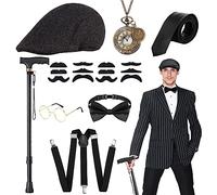 Costume da uomo anni '20, stampino pieghevole in metallo, portasigarette, cappello da panama, orologio da taschino, occhiali in metallo, vol...
