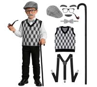 Costume da uomo anziano per bambini, 8 pezzi, costume da nonno 100 giorni di scuola anni '20, con cappello, gilet, bastone, divertente, per Halloween, Giornata mondiale del libro, feste di carnevale