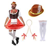Costume da Uomo Bavarese - Taglia Media - Abito Marrone e Rosso, Treccia Bionda, Cappello Bavarese Marrone, Calze Bianche - Costume da Oktoberfest Bavarese per Addio al Celibato