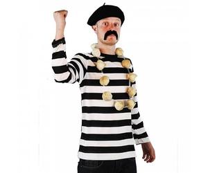 Costume da uomo francese, berretto nero + top a righe + ghirlanda di aglio + baffi (XXL)