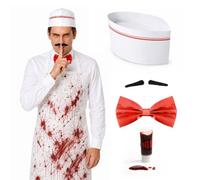 Costume da uomo gelato per Halloween, per adulti, con grembiule, cappello e | Set da 5 pezzi, grembiule, cappello, papillon, sangue finto, spiv tash, gelato, Halloween, costume horror