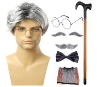 Costume da uomo per anziani, costume da nonno per uomo, taglia adulta, costume da nonno, taglia adulta, parrucca anziana, occhiali da bastone, sopracciglia finte, baffi, papillon, berretto pelu