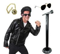 Costume da uomo Rock 'n' Roll Icon, XXL, ispirato a Elvis, con parrucca, giacca, paralumi, catena e supporto gonfiabile per microfono