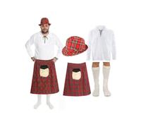 Costume da uomo scozzese delle Highland - include kilt scozzese, camicia giacobita bianca, cappello e calzini coordinati - Red Plaid Scotland Heritage Traditional Party Burns Night St Andrews Wear