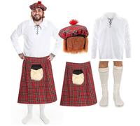 Costume da uomo scozzese per adulti, taglia XXXL, camicia bianca con lacci, kilt scozzese rosso con sporran attaccato, cappello tartan Tam O Shanter e calzini da kilt color crema - Costume da Scotland