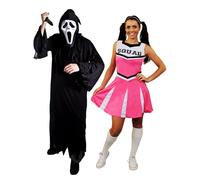 Costume da urlante per adulti, taglia L, con vestaglia nera, maschera da urlante, coltello finto e vestito da cheerleader rosa XL, per adulti, uomo e donna, costume per Halloween