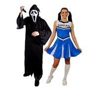 Costume da urlatore per adulti, taglia L, con maschera da urlante, coltello finto e vestito da cheerleader blu, taglia S, per adulti, uomo e donna, costume per Halloween o dolcetto o scherzetto