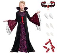 Costume da vampira medievale per bambina, costume gotico di Halloween in pizzo per abito da vampira reale con collana, denti da vampiro e set di sangue finto,costumea regina stile vittoriano (M)