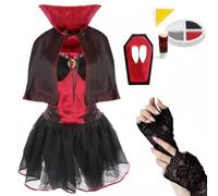 Costume da vampiro da donna, taglia XS, con corpetto nero e rosso, gonna a rete, mantello, guanti in pizzo, zanne finte, pittura facciale, costume da vampira da donna per adulti