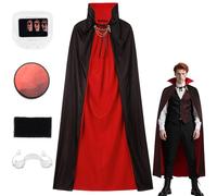 Costume da vampiro da uomo, 150cm Costume da vampiro gotico reale con sangue finto, denti da vampiros e spugna trucco, nero e rosso Halloween doppio lato Mantello adulti Carnevale Cosplay (150)