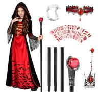 Costume da vampiro deluxe per bambina, 6 pezzi, costume da vampiro con cappuccio, bastone da passeggio e denti da vampiro, catena di cristallo e tatuaggi, costume da vampiro regina, carnevale, cosplay