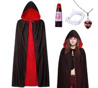 Costume da Vampiro di Halloween, Vampiro Capo con Cappuccio, Mantello da vampiro Nero Rosso, Costume vampira Per Bambini e Adulti, Mantello da Dracula con Zanne Finto Sangue Collana (XL-160cm)