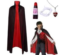 Costume da Vampiro di Halloween,Vampiro Collo Alto Mantello,Mantello vampiro Reversible Nero e Rosso,Costume Vampira Per Bambini e Adulti,mantello da Dracula con Zanne Finto Sangue Collana (Xs-90cm)