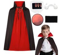 Costume da vampiro per bambini maschi,120 cm Costume da vampiro reale con sangue finto, denti da vampiros e spugna trucco, nero e rosso Dracula double face Mantello Bambino Halloween Carnevale Cosplay