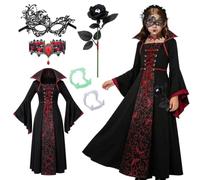 Costume da vampiro per bambini, stile gotico, morbido, per giochi di ruolo | con vestito, copertura per il viso in pizzo, frange, collana, bastoncino di rosa, adatto per età 4-10 anni