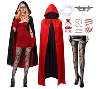 Costume da vampiro per Halloween - Costume da vampiro per uomo e donna, con cappuccio, calzamaglia, cicatrice, tatuaggio, adesivi, nero, rosso, doppio lato, mantello da vampiro, cappa per adulti per