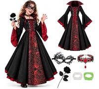 Costume da vampiro per ragazze e bambine, per Halloween | Royal Vampire Queen - Abito gotico vittoriano con maschera in pizzo, collana, canna e zanne, età 4-10 anni