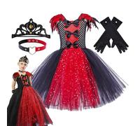 Costume da vampiro per ragazze, vestito da vampiro per ragazze, vestito gotico in tulle per adolescenti, abito gotico in tulle per Halloween 2-12 anni con corona, guanti, catena della clavicola