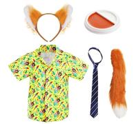 Costume da volpe cittadina per adulti, taglia M, camicia hawaiana gialla, cravatta a righe blu e beige, orecchie e coda di volpe, vernice facciale arancione e bianca, da uomo, per la giornata mondiale