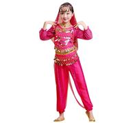 Costume Danza Del Ventre Bambina 3-12 Anni in Chiffon 5 Pezzi con Pantaloni,Top,Cintura,Velo e Collana Vestito Belly Dance Elegante Costumi Carnevale Halloween Indiani per Spettacoli,Festa,Fucsia