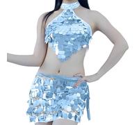 Costume di carnevale da donna, elastico in vita, linea ad A, con paillette, top per danza del ventre, samba, latino, tango performance, costume da donna, gonna con paillettes, per carnevale e feste
