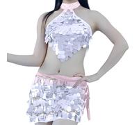 Costume di carnevale da donna, elastico in vita, linea ad A, con paillette, top per danza del ventre, samba, latino, tango performance, costume da donna, gonna con paillettes, per carnevale e feste