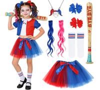 Costume di Carnevale per Bambine, Gonna in Tulle Blu Rosso con Fiocco per Capelli, Collana, Calzini, Parrucche, Mazza da Baseball, Costume da Clown Accessori per Carnevale Halloween Festa in Maschera